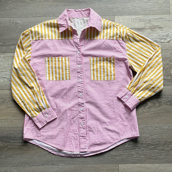 Tops - Striped Color Block Button Down Shirt Womens Sz MD Pink Yellow Summer Coastal